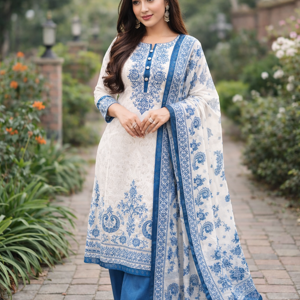 প্রিমিয়াম প্রিন্টেড থ্রি পিস – এলিগেন্ট ব্লু & হোয়াইট ডিজাইন