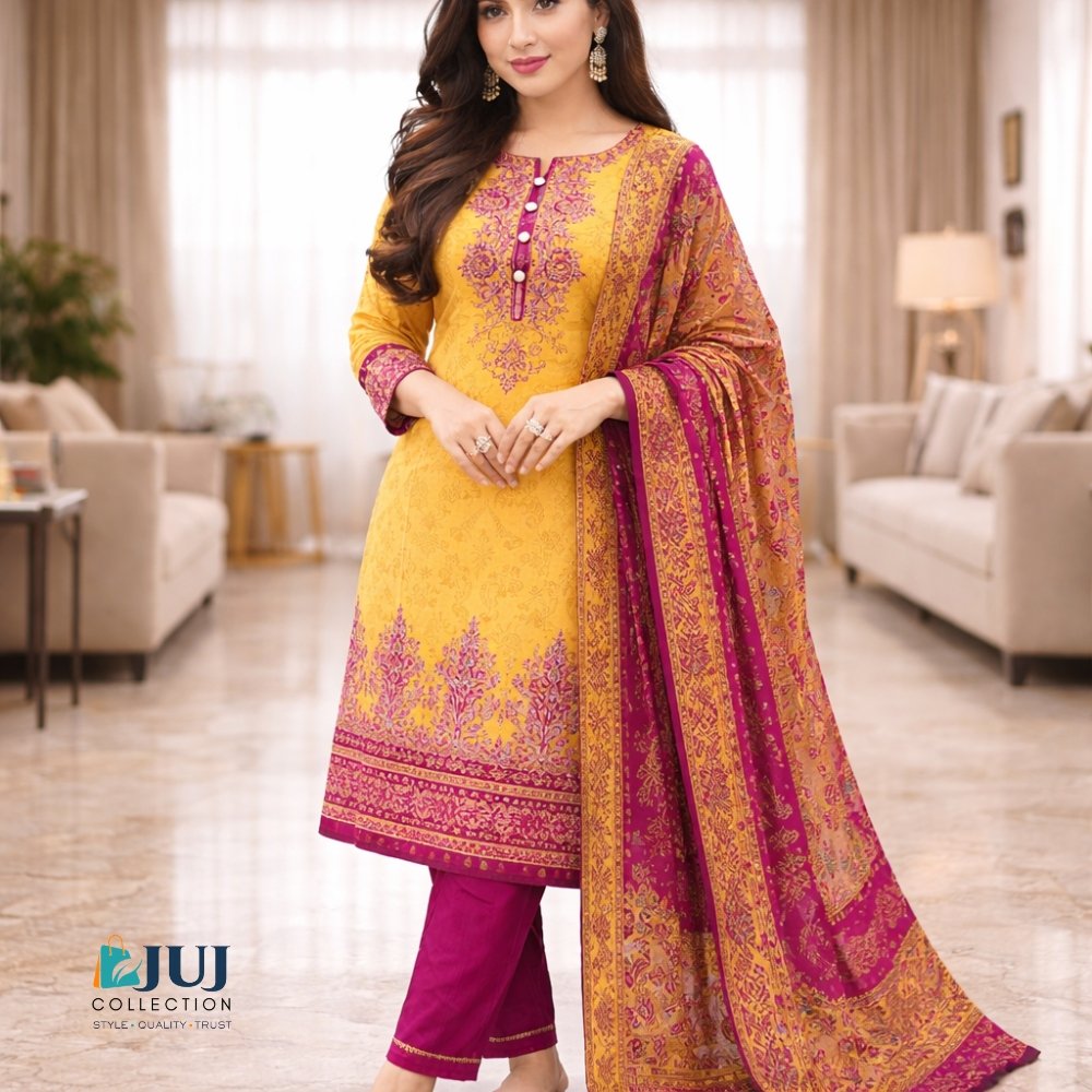 এলিগেন্ট এমব্রয়ডারি থ্রি পিস – মাস্টার্ড ও ম্যাজেন্টা ডিজাইন